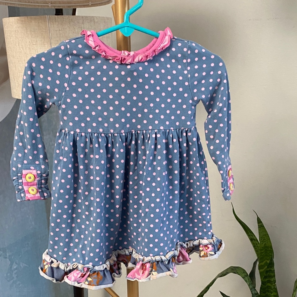 Matilda Jane Blue Dress with Pink Polka Dots and Pink Ruffle Collar‎ 6-12 mos